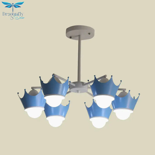 Radial Iron Ceiling Chandelier Kid 6/8 Bulbs Yellow/Blue Hanging Pendant Light With Crown Lamp Shade