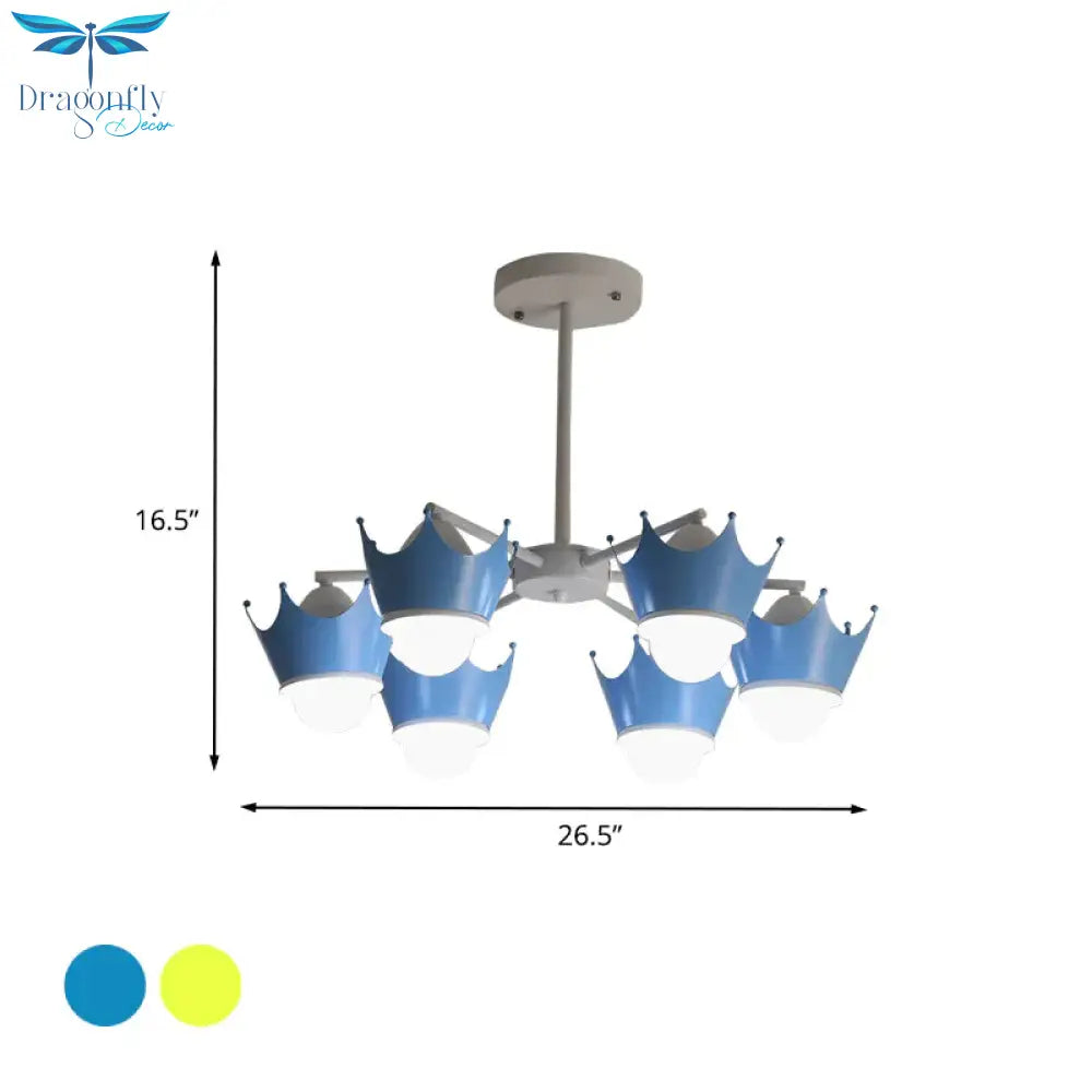 Radial Iron Ceiling Chandelier Kid 6/8 Bulbs Yellow/Blue Hanging Pendant Light With Crown Lamp Shade