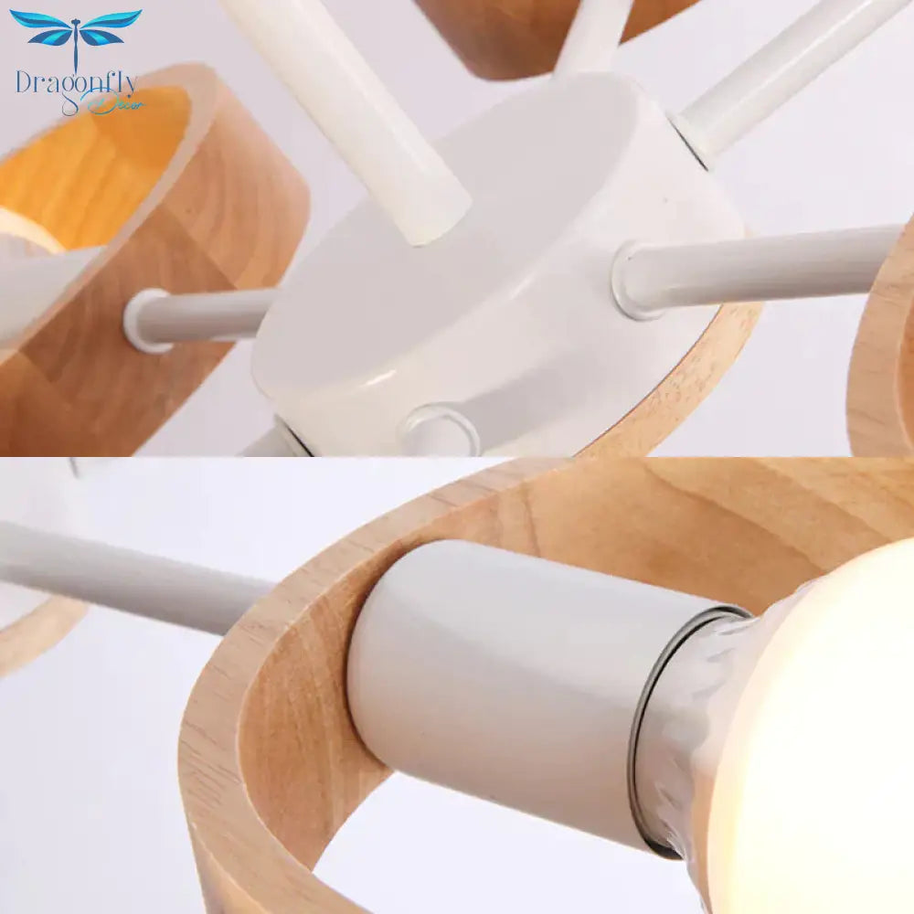 Radial Wood Chandelier Lighting Fixture Simple Style 6 Lights White Ceiling Pendant Light