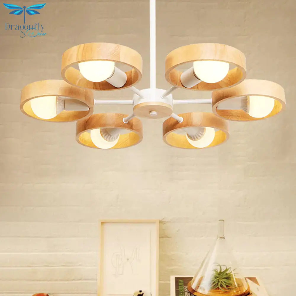 Radial Wood Chandelier Lighting Fixture Simple Style 6 Lights White Ceiling Pendant Light