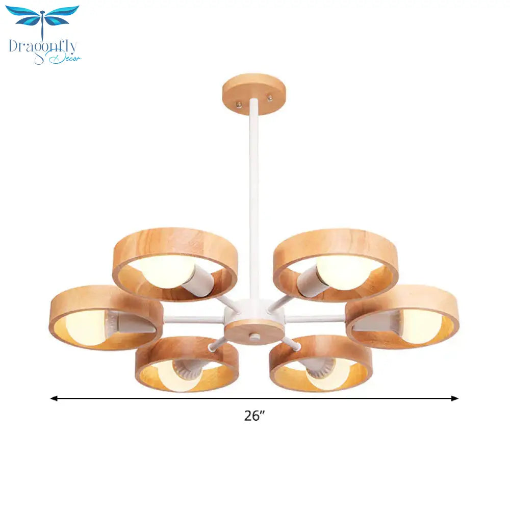 Radial Wood Chandelier Lighting Fixture Simple Style 6 Lights White Ceiling Pendant Light