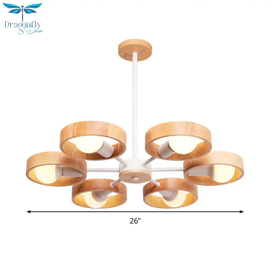 Radial Wood Chandelier Lighting Fixture Simple Style 6 Lights White Ceiling Pendant Light