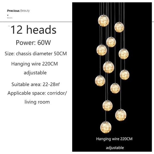 Raloo - Modern Led Glass Ball Chandelier 12 Heads / Transparent Glass Cold White Pendant Lighting