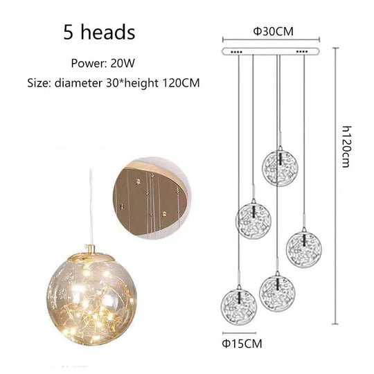 Raloo - Modern Led Glass Ball Chandelier 5 Heads / Transparent Glass Cold White Pendant Lighting