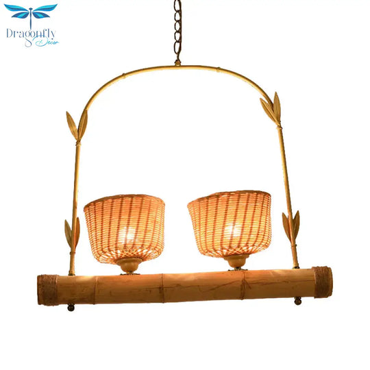 Rattan Basket Shade Chandelier Light Country Style 1/2 - Light Beige Ceiling Lamp With Bird Cage