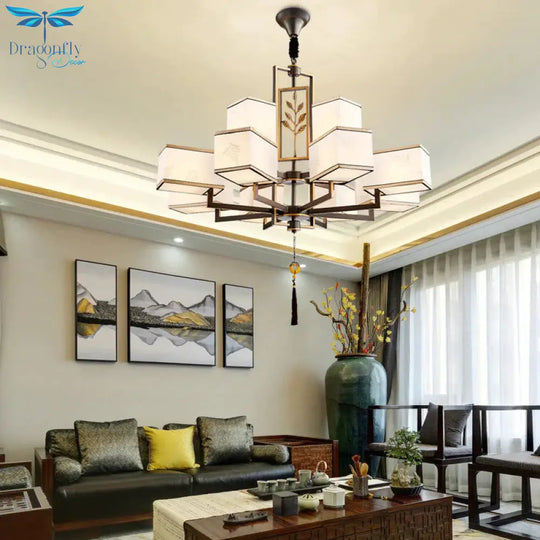 Rectangle Fabric Ceiling Chandelier Classic 6/8/12 Lights Living Room Pendant Lamp In Black With