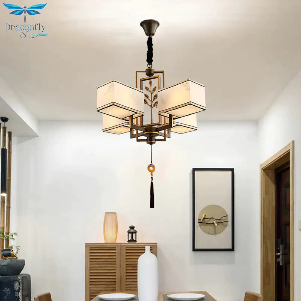 Rectangle Fabric Ceiling Chandelier Classic 6/8/12 Lights Living Room Pendant Lamp In Black With