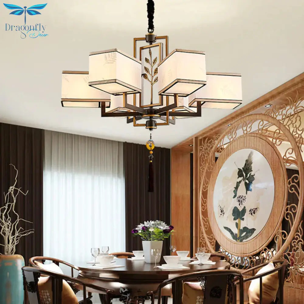 Rectangle Fabric Ceiling Chandelier Classic 6/8/12 Lights Living Room Pendant Lamp In Black With