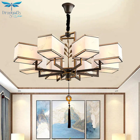 Rectangle Fabric Ceiling Chandelier Classic 6/8/12 Lights Living Room Pendant Lamp In Black With