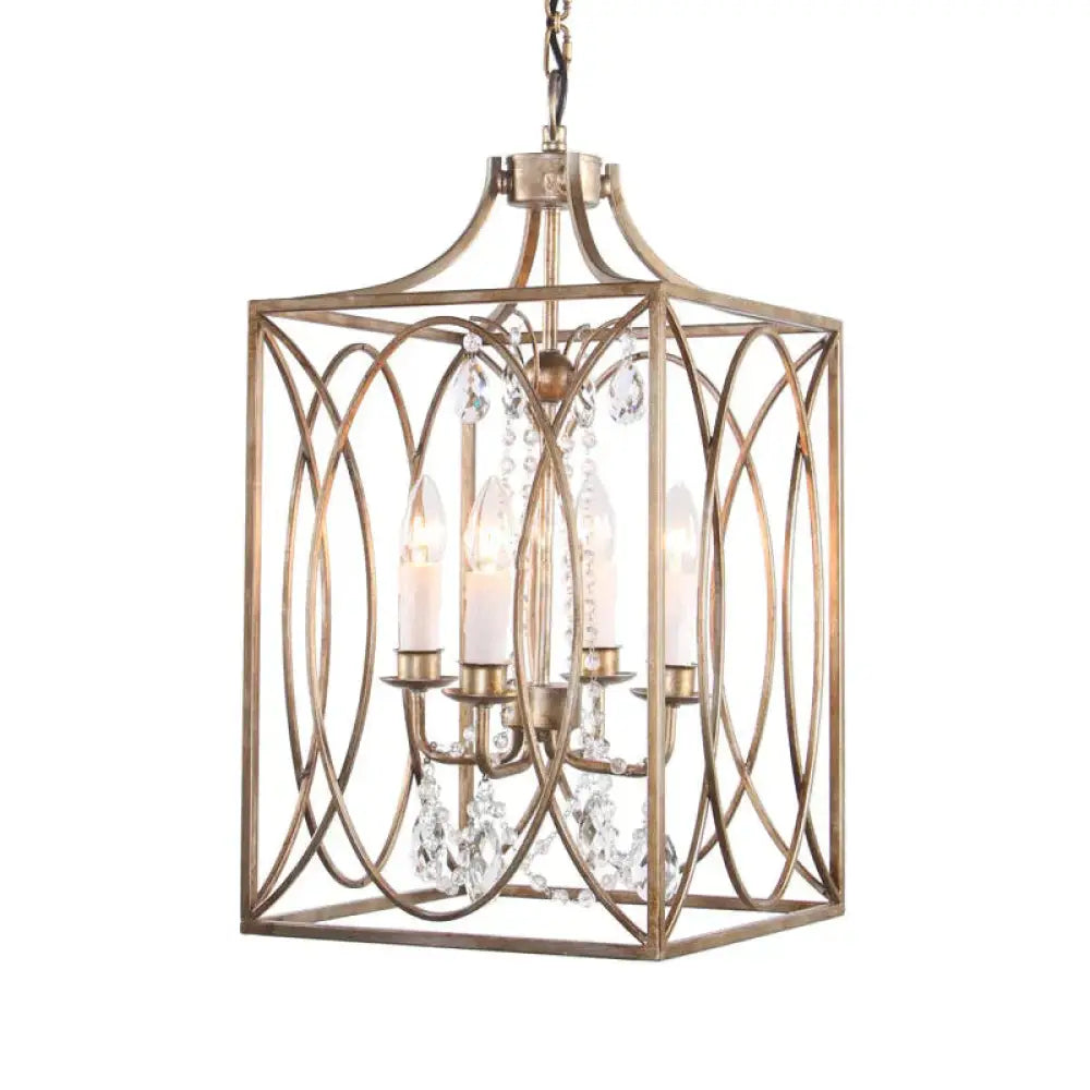 Rectangle Living Room Hanging Lamp Traditional Metal 4 Bulbs Brass Chandelier Pendant Light With