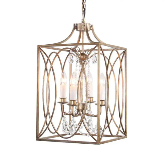 Rectangle Living Room Hanging Lamp Traditional Metal 4 Bulbs Brass Chandelier Pendant Light With