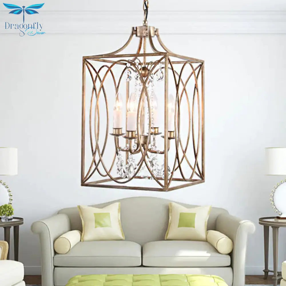 Rectangle Living Room Hanging Lamp Traditional Metal 4 Bulbs Brass Chandelier Pendant Light With