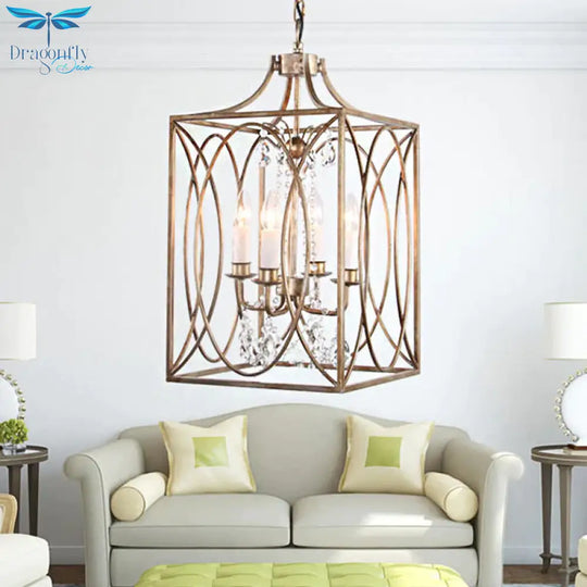 Rectangle Living Room Hanging Lamp Traditional Metal 4 Bulbs Brass Chandelier Pendant Light With
