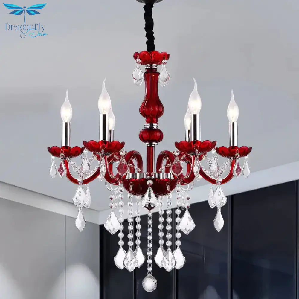 Red Candlestick Hanging Pendant Antique Faceted Crystal 6 Heads Living Room Chandelier