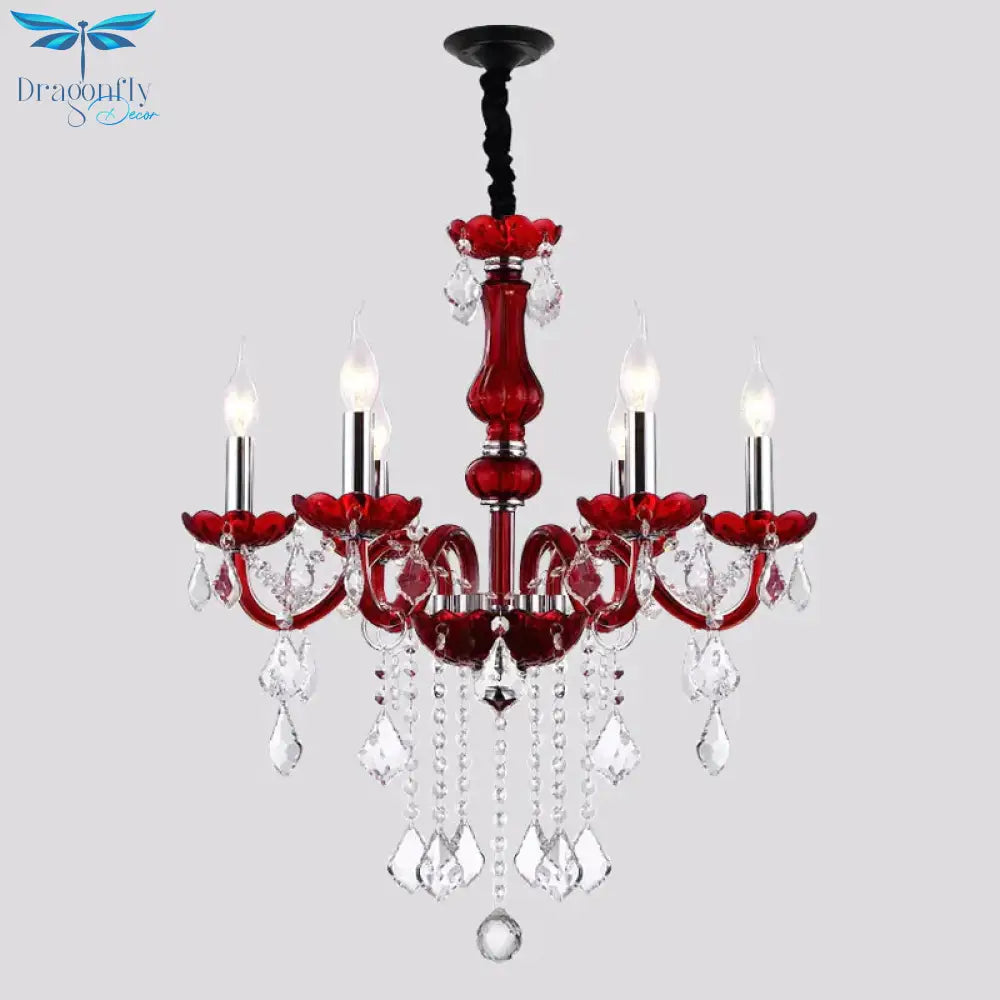Red Candlestick Hanging Pendant Antique Faceted Crystal 6 Heads Living Room Chandelier