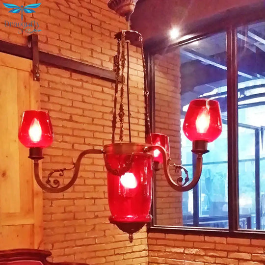 Red Glass Black Ceiling Chandelier Cup Shaped 4 Heads Art Deco Suspension Pendant Light