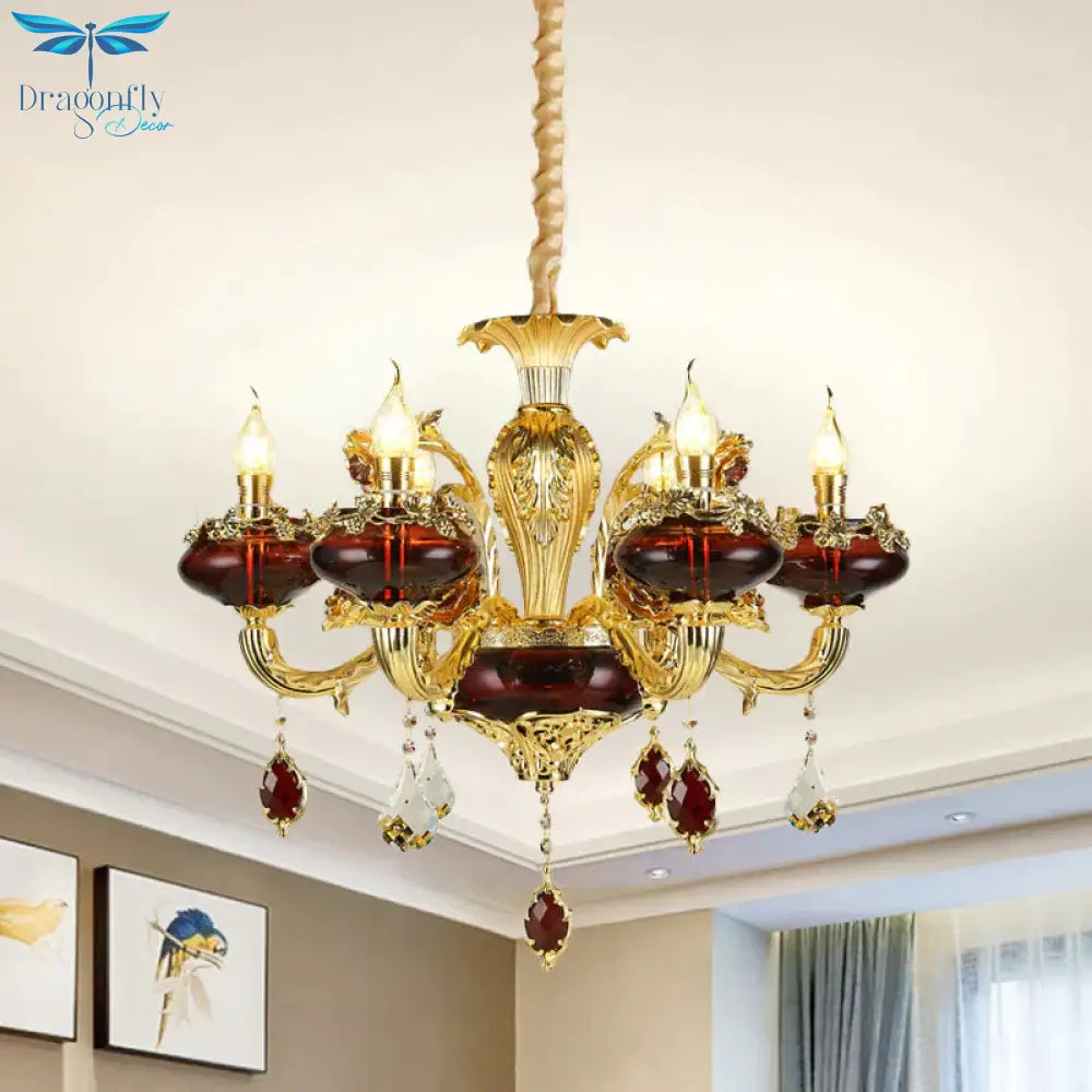Red Glass Candelabra Chandelier Vintage 6 - Head Suspended Lighting Fixture Over Dining Table