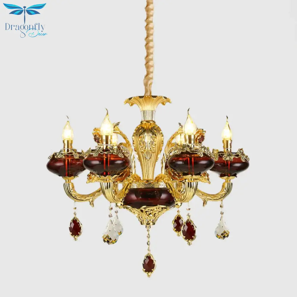 Red Glass Candelabra Chandelier Vintage 6 - Head Suspended Lighting Fixture Over Dining Table