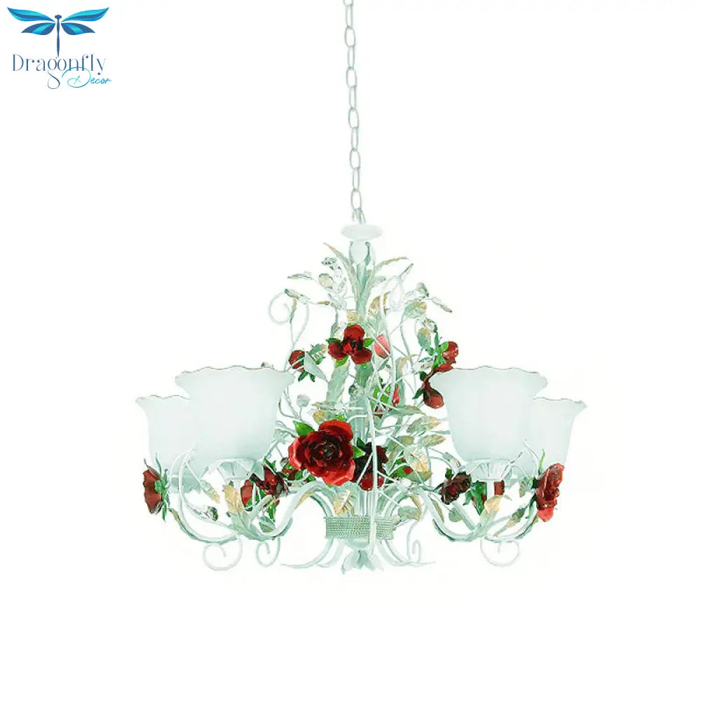 Red Rose Pendant Ceiling Light Pastoral Style White Glass 3/5/8 Heads Living Room Chandelier Lamp