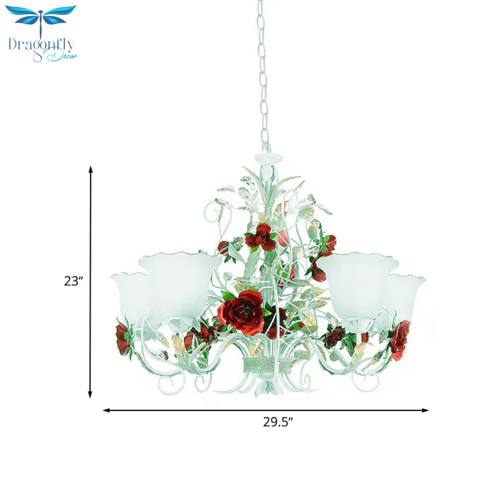 Red Rose Pendant Ceiling Light Pastoral Style White Glass 3/5/8 Heads Living Room Chandelier Lamp
