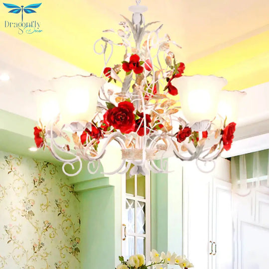 Red Rose Pendant Ceiling Light Pastoral Style White Glass 3/5/8 Heads Living Room Chandelier Lamp