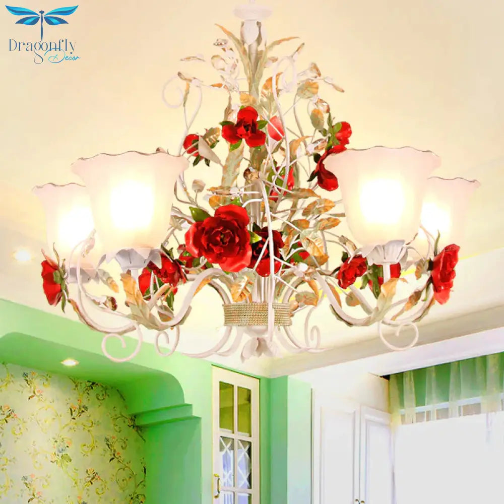 Red Rose Pendant Ceiling Light Pastoral Style White Glass 3/5/8 Heads Living Room Chandelier Lamp