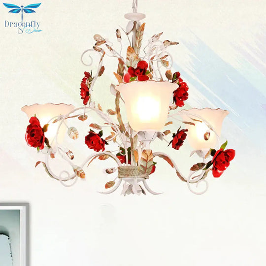 Red Rose Pendant Ceiling Light Pastoral Style White Glass 3/5/8 Heads Living Room Chandelier Lamp