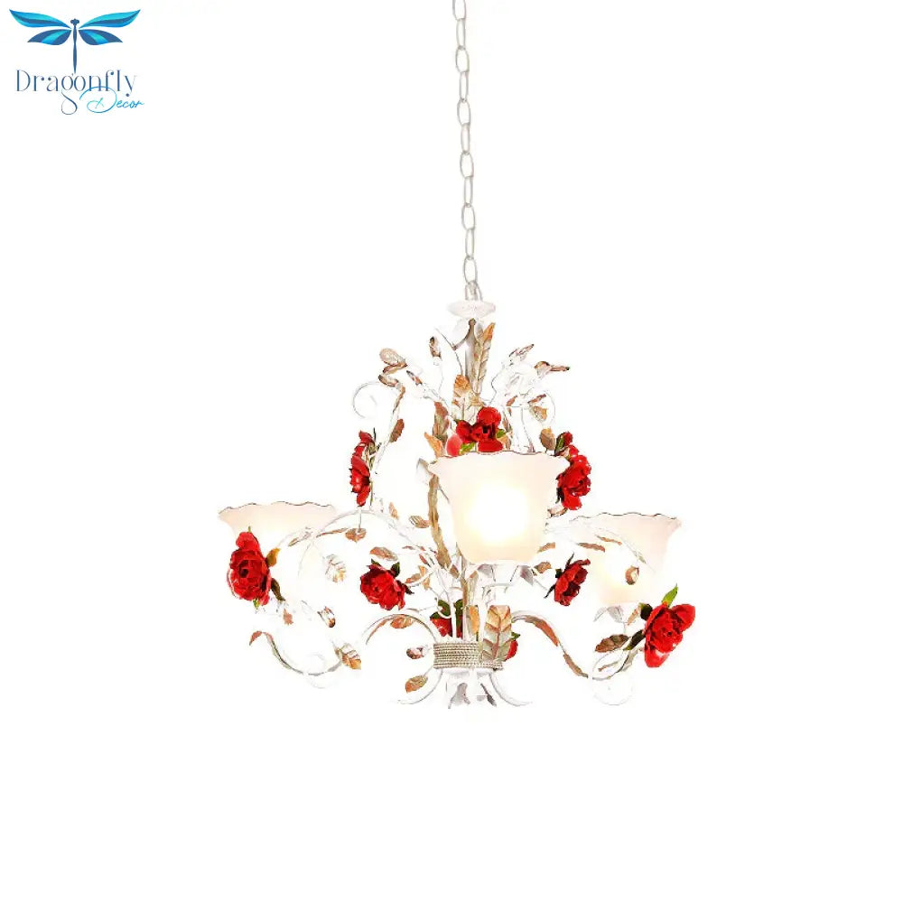 Red Rose Pendant Ceiling Light Pastoral Style White Glass 3/5/8 Heads Living Room Chandelier Lamp