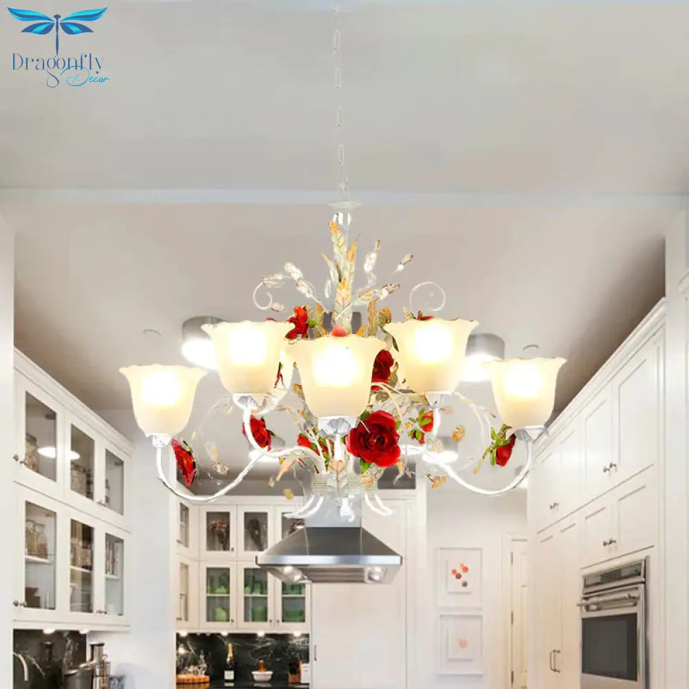 Red Rose Pendant Ceiling Light Pastoral Style White Glass 3/5/8 Heads Living Room Chandelier Lamp