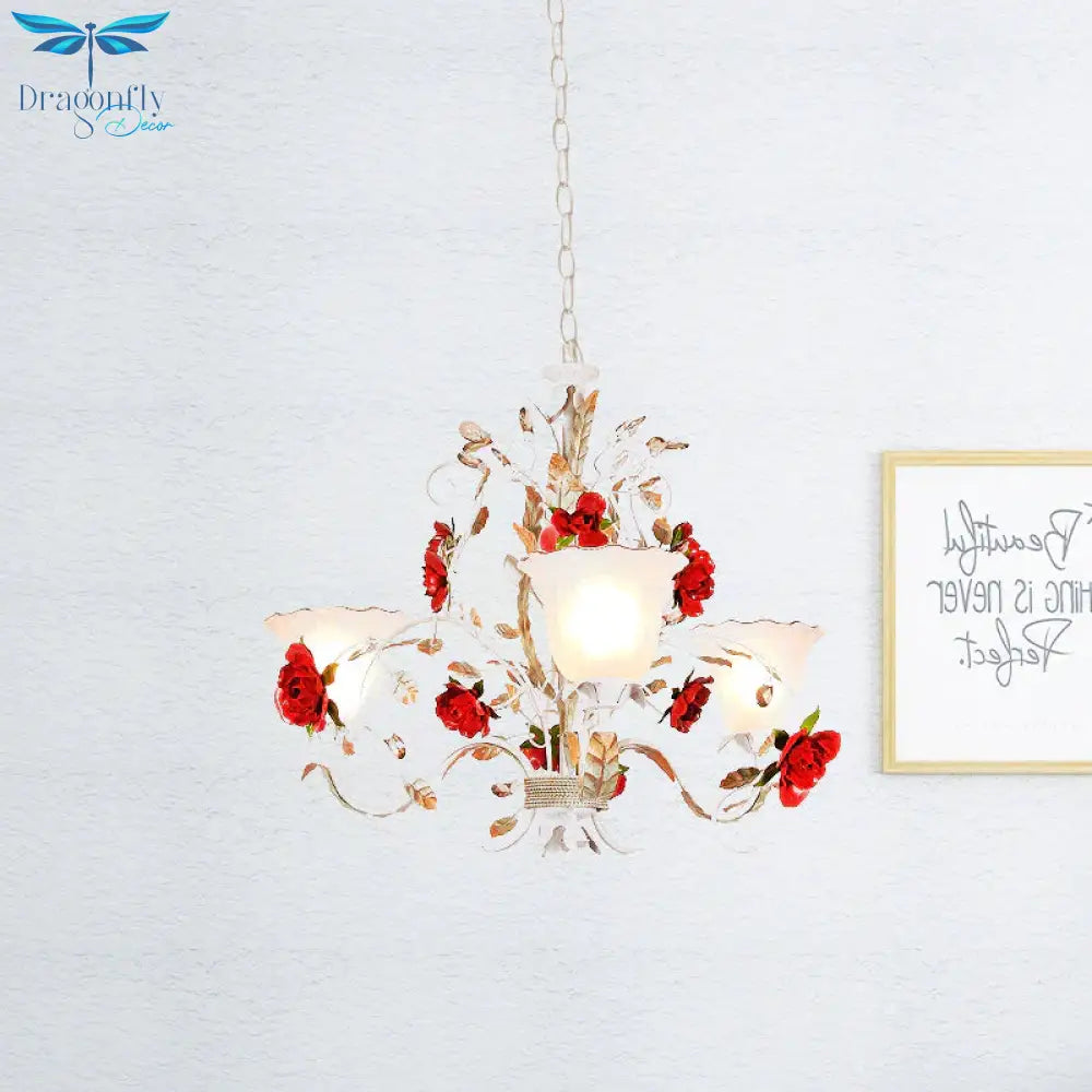 Red Rose Pendant Ceiling Light Pastoral Style White Glass 3/5/8 Heads Living Room Chandelier Lamp