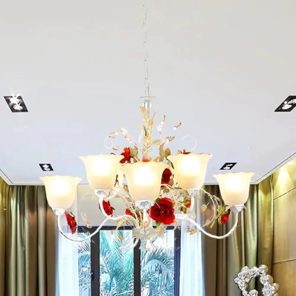 Red Rose Pendant Ceiling Light Pastoral Style White Glass 3/5/8 Heads Living Room Chandelier Lamp 8