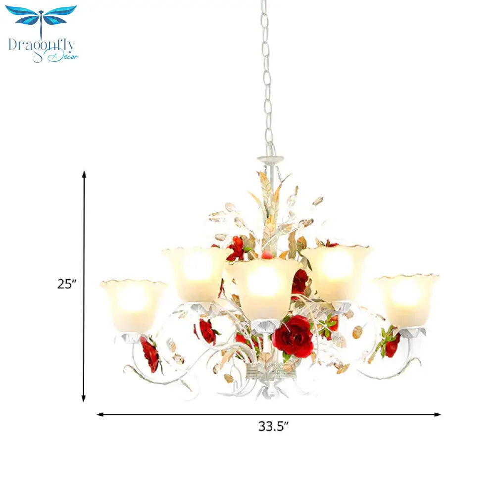 Red Rose Pendant Ceiling Light Pastoral Style White Glass 3/5/8 Heads Living Room Chandelier Lamp