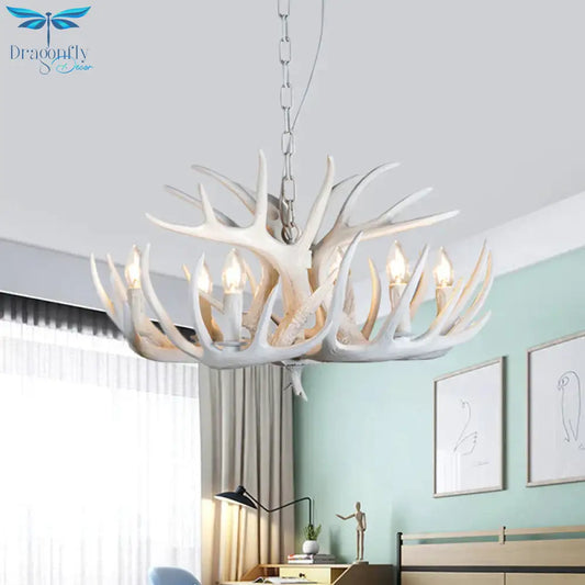 Resin Antler Hanging Chandelier Modern Style 4/6/9 Lights White Ceiling Light