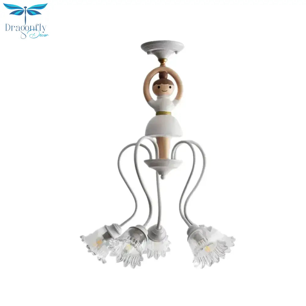 Resin Ballet Pendant Light With Flower Shade 5 Lights Creative Chandelier In White For Kindergarten