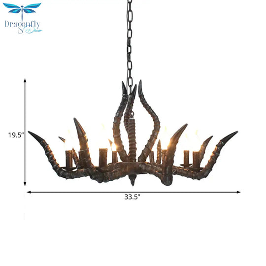 Resin Black Hanging Chandelier Horn 8 Bulbs Traditional Pendant Light Fixture For Restaurant