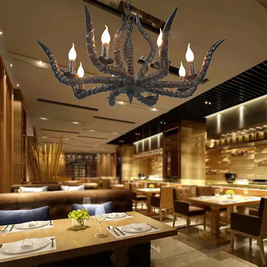 Resin Black Hanging Chandelier Horn 8 Bulbs Traditional Pendant Light Fixture For Restaurant