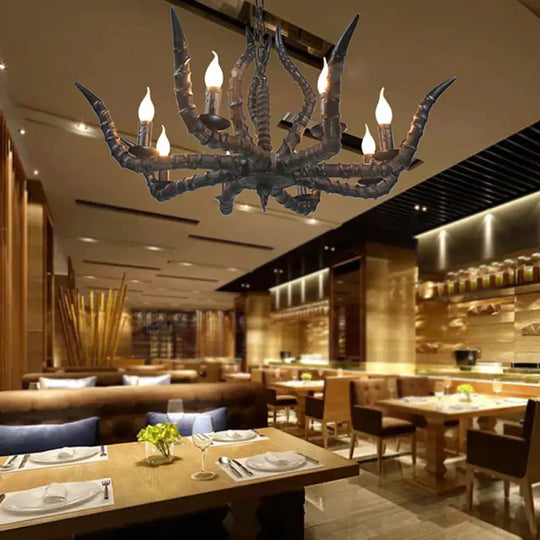Resin Black Hanging Chandelier Horn 8 Bulbs Traditional Pendant Light Fixture For Restaurant