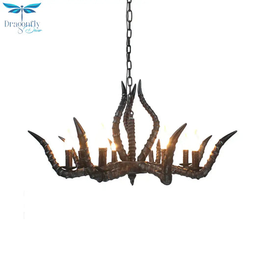 Resin Black Hanging Chandelier Horn 8 Bulbs Traditional Pendant Light Fixture For Restaurant