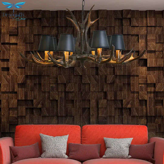 Resin Black Hanging Chandelier Tapered 4/6/8 Bulbs Traditional Pendant Light Fixture For Restaurant