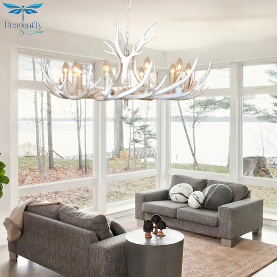 Resin Candelabra Chandelier Lamp Farmhouse 4/6/8 - Head Living Room Pendant Ceiling Light In White