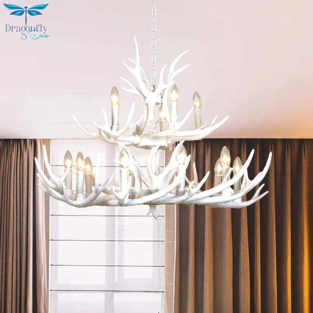 Resin Candelabra Chandelier Lamp Farmhouse 4/6/8 - Head Living Room Pendant Ceiling Light In White