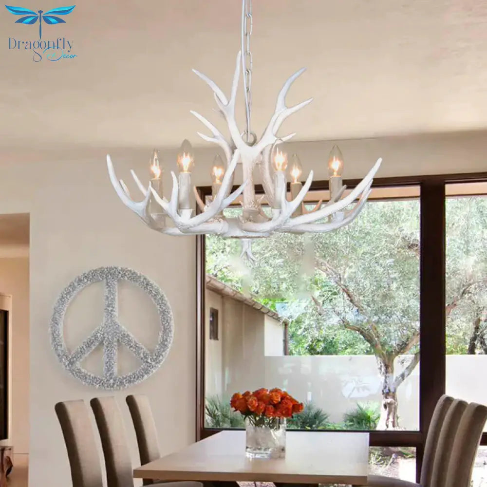 Resin Candelabra Chandelier Lamp Farmhouse 4/6/8 - Head Living Room Pendant Ceiling Light In White