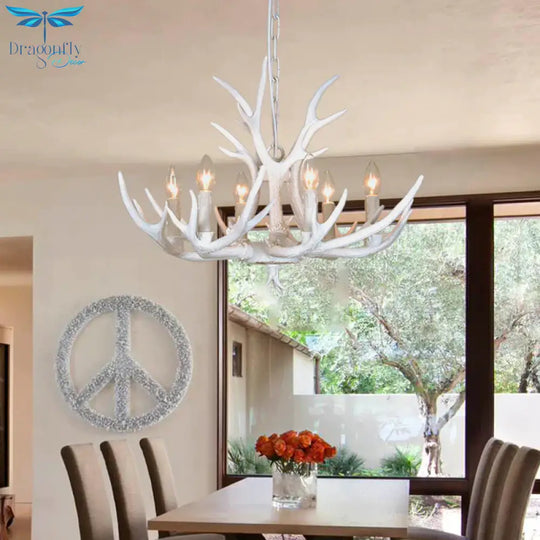 Resin Candelabra Chandelier Lamp Farmhouse 4/6/8 - Head Living Room Pendant Ceiling Light In White