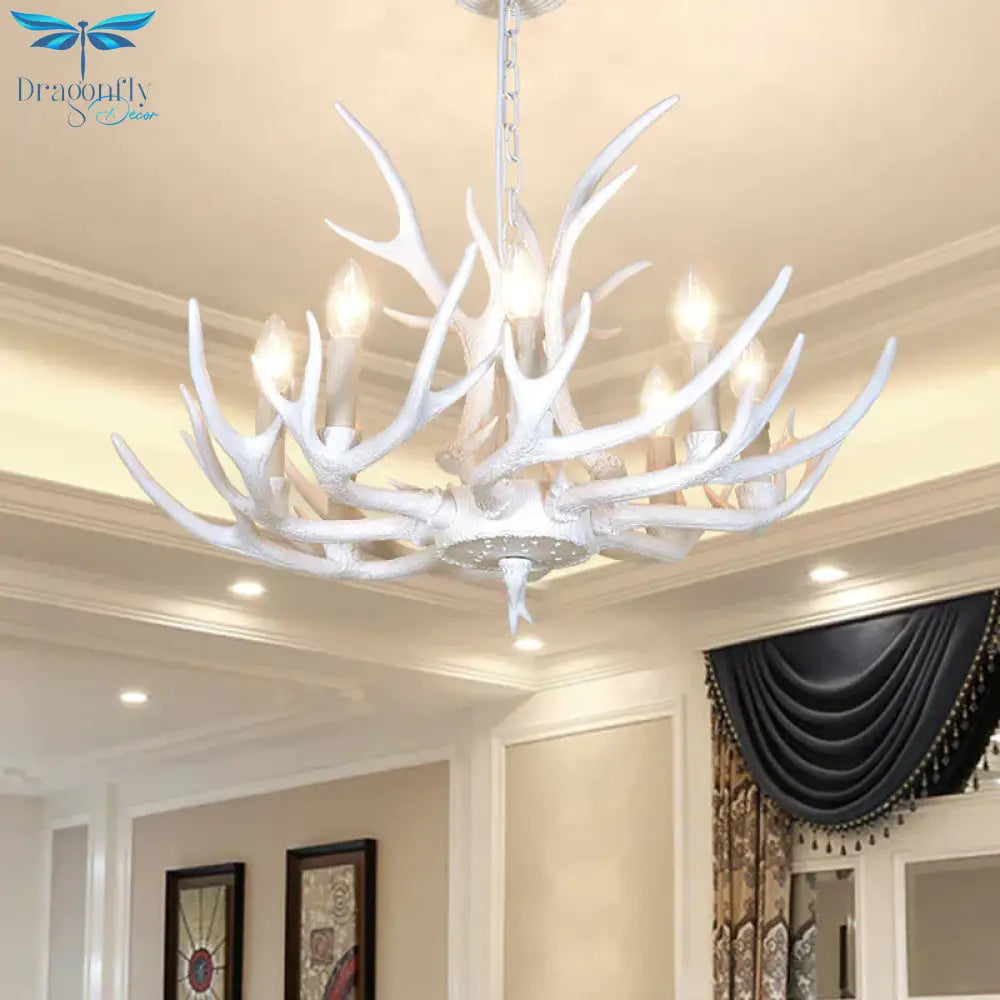 Resin Candelabra Chandelier Lamp Farmhouse 4/6/8 - Head Living Room Pendant Ceiling Light In White