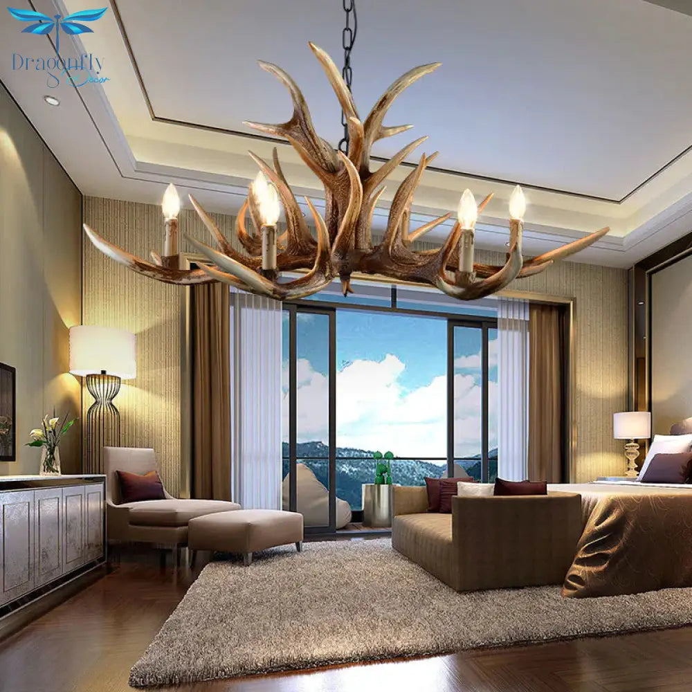 Resin Candelabra Chandelier Lamp Farmhouse 6/10/15 - Head Bedroom Pendant Ceiling Light In Brown