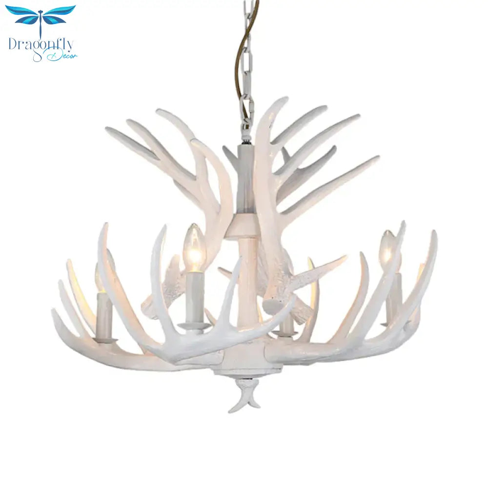 Resin Candle Chandelier Lamp Rustic 4/6/9 - Head Bedroom Pendant Ceiling Light With Antler Decor In