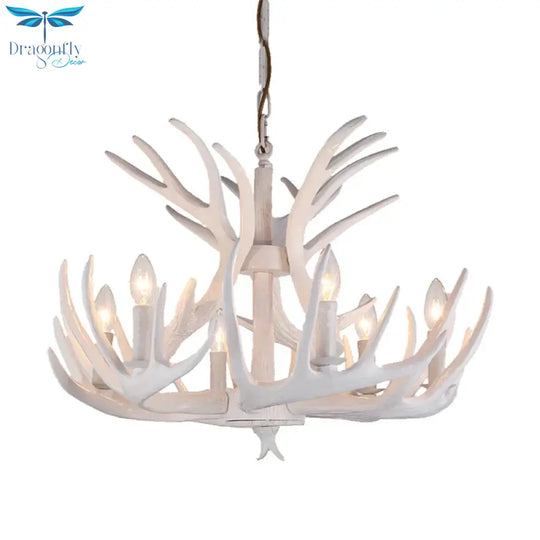 Resin Candle Chandelier Lamp Rustic 4/6/9 - Head Bedroom Pendant Ceiling Light With Antler Decor In