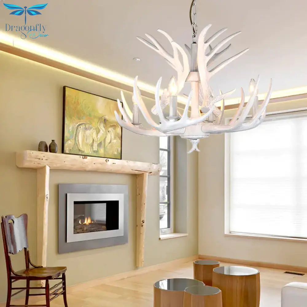 Resin Candle Chandelier Lamp Rustic 4/6/9 - Head Bedroom Pendant Ceiling Light With Antler Decor In