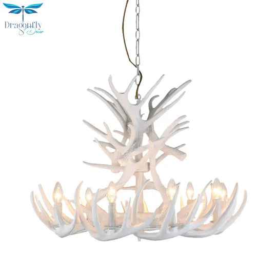 Resin Candle Chandelier Lamp Rustic 4/6/9 - Head Bedroom Pendant Ceiling Light With Antler Decor In
