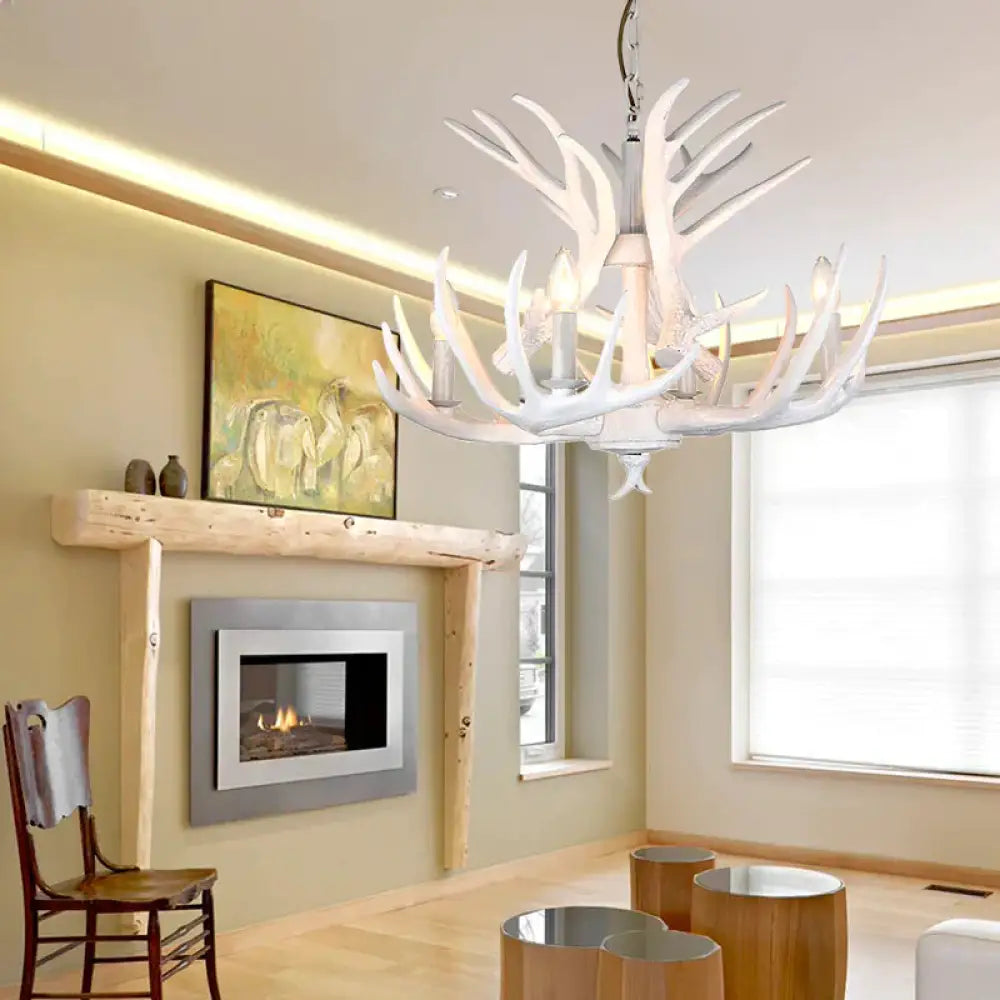 Resin Candle Chandelier Lamp Rustic 4/6/9 - Head Bedroom Pendant Ceiling Light With Antler Decor In
